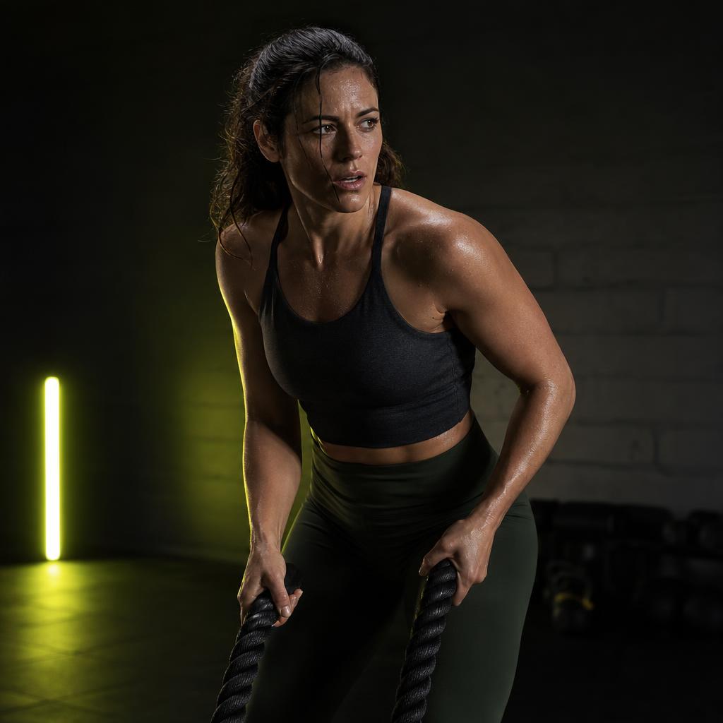 An athletic woman gripping battle ropes with sweat on her face after an intense conditioning set.
